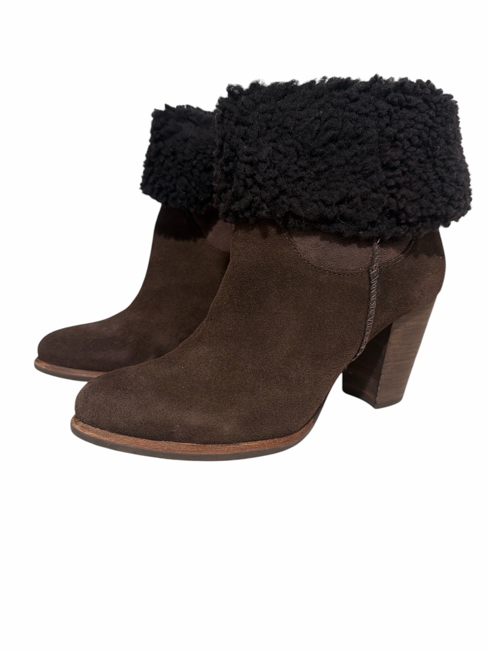 UGG Dark Brown Suede Shearling Cuff Stacked Heel Booties